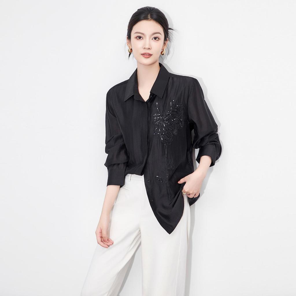 French Embroidered Long Sleeve Shirt with Turn-Down Collar for Early Autumn Women's Fashion.