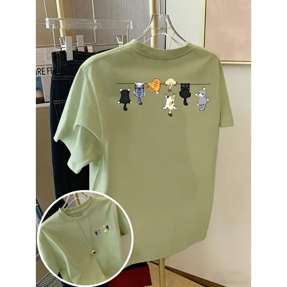 Cartoons Cats Prints T-Shirts Summer Womens Cotton T Shirts Basic O-Neck Oversized Short Sleeve Tops Casual Street Woman Clothes