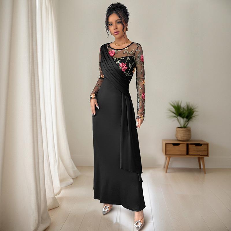 Spring and Autumn's new elegant banquet style irregular dress long-sleeved embroidered dress