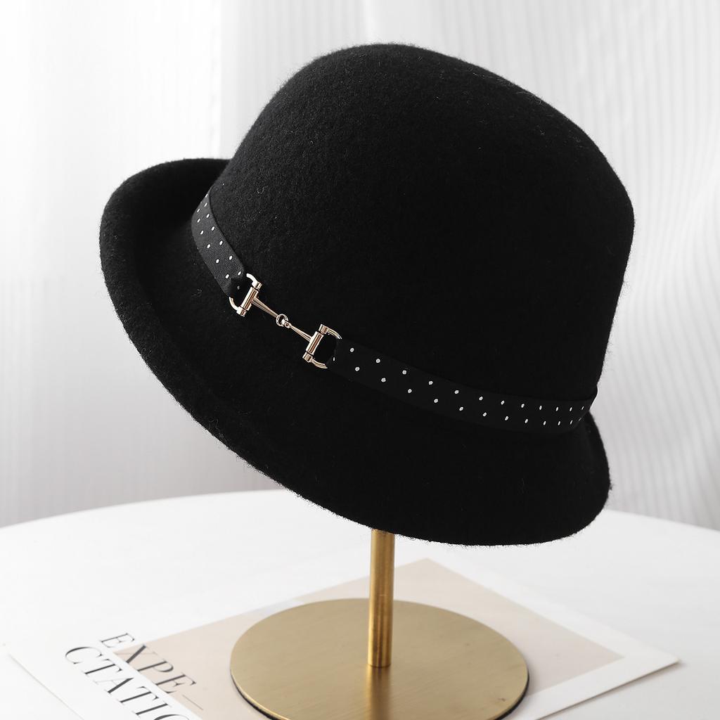 Fashion belt buckle wool warped dome top hat women's winter British retro temperament bucket hat versatile knitted hat