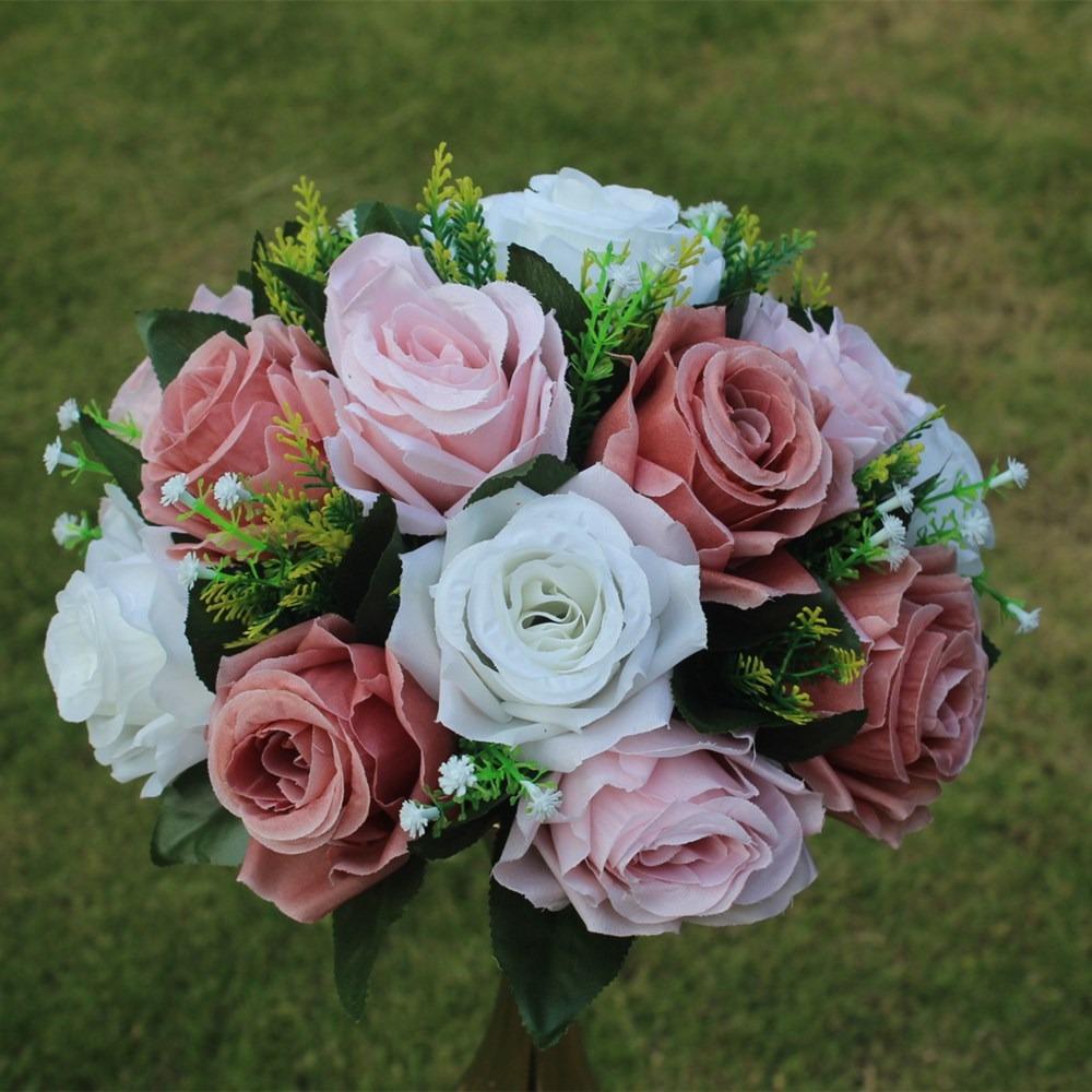 1Pc Outdoor Roman Column Flower Arrangement Pathway Flower Ornaments 15 Rose Green Plants Simulated Flowers, Used for Outdoor Ceremony Decoration