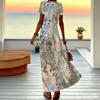Women Plus Size Short Sleeve V Neck Maxi Dress Warm Camel Leopard Print Loose Summer Vacation Long Dress