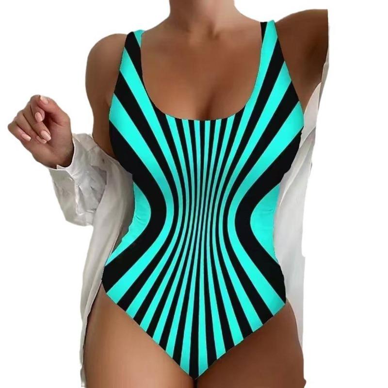 Women's One-piece Neck Hanging One-piece Swimsuit, Irregular Stripe Design, High Waisted Swimsuit, Soft Fabric, for Beaches and Swimming Pools