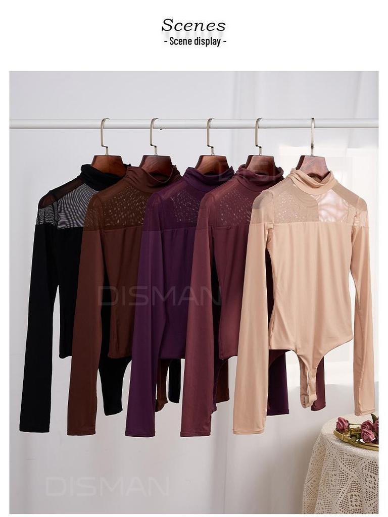 Sexy Mesh Patchwork Slim-Fit Bodysuit with High Neck and Long Sleeves