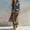 Conjunto de moda casual para mujer con estampado nuevo europeo y americano, camisa de manga larga y pantalones de pierna ancha, conjunto de dos piezas