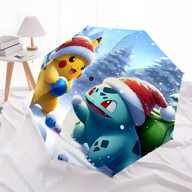

1pc Christmas Pikachu & Bulbasaur Santa Hat Snowball Fight Umbrella - Auto Open Close, Portable 3-Fold Design, 8-Bone Iron Frame Outdoor Umbrella, Fes