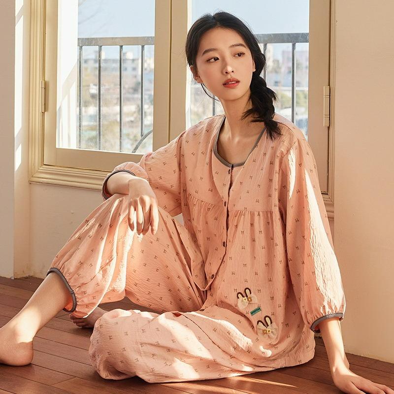 Pajamas Women's Summer Three-quarter Sleeve Home Service Two-piece Suit with Chest Pad Fairy Style Thin Section Cloud Cotton Loose Large Size