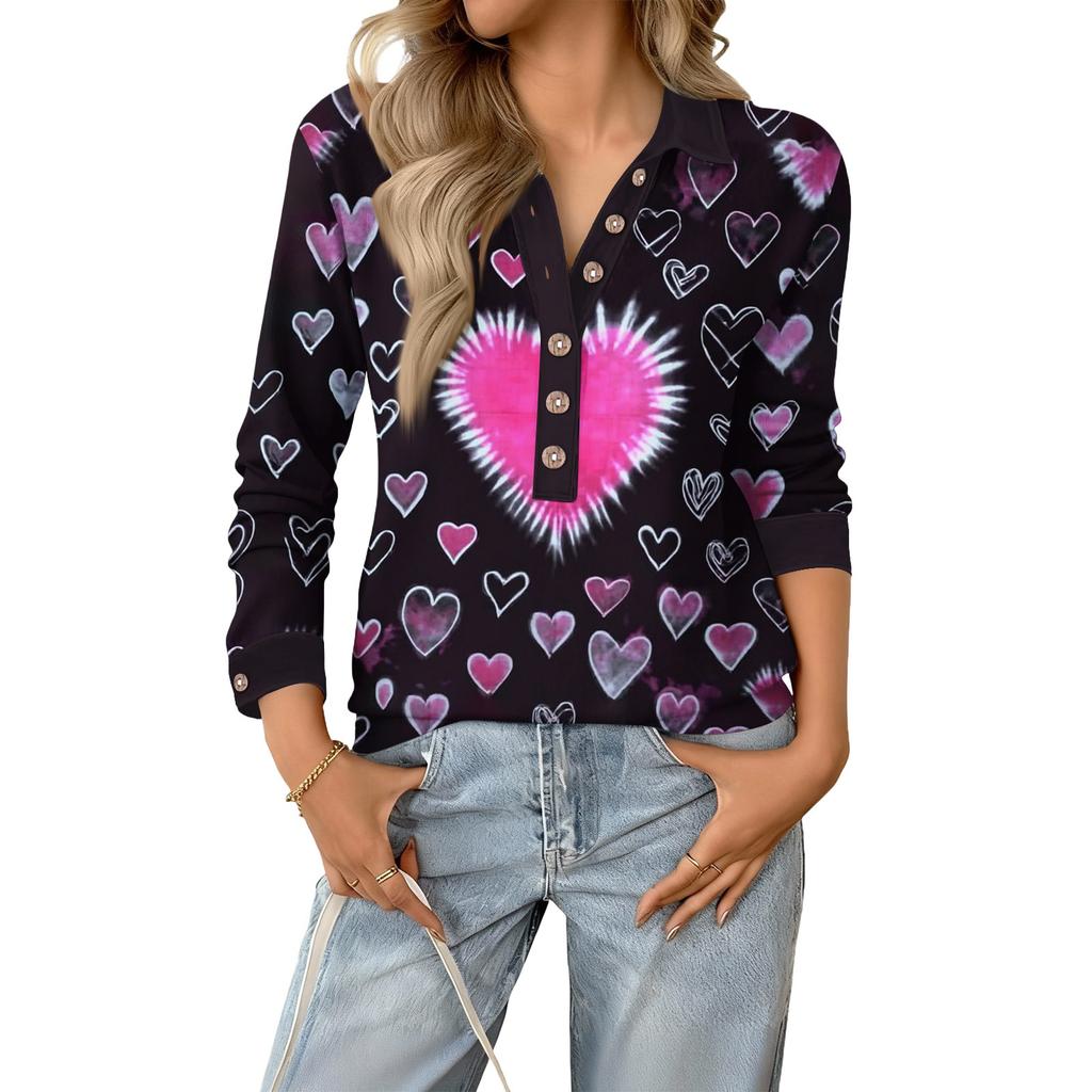 Damen Retro Street Lässiger V-Ausschnitt Langarm Knopf Valentinstag Herz Pullover Top