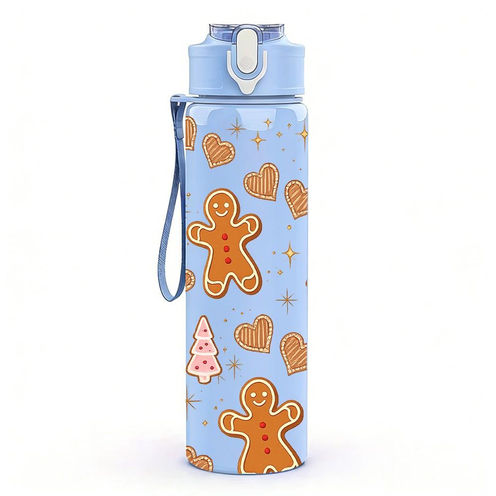 1PC Gingerbread Cookie Xmas Repeat Print 750ml Color Plastic Sports Water Bottle Leakproof Flip Straw Lid Suitable for Sports Office Home Use