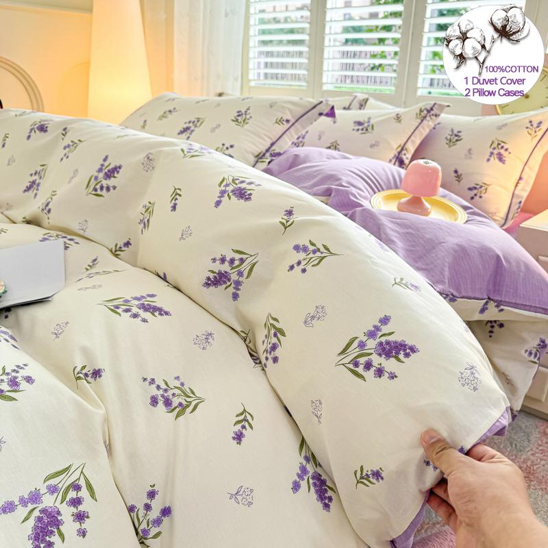 100% Cotton Lavender Print Duvet Cover Set 3-Piece (1 Duvet + 2 Pillowcases) - Breathable & Fade-Resistant, Bedding Set