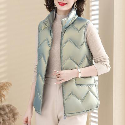 Women Winter Vest Coat Plus Size Stand Collar Solid Color Zipper Closure Sleeveless Padded Thick Mid Length Windproof Warm Lady Waistcoat