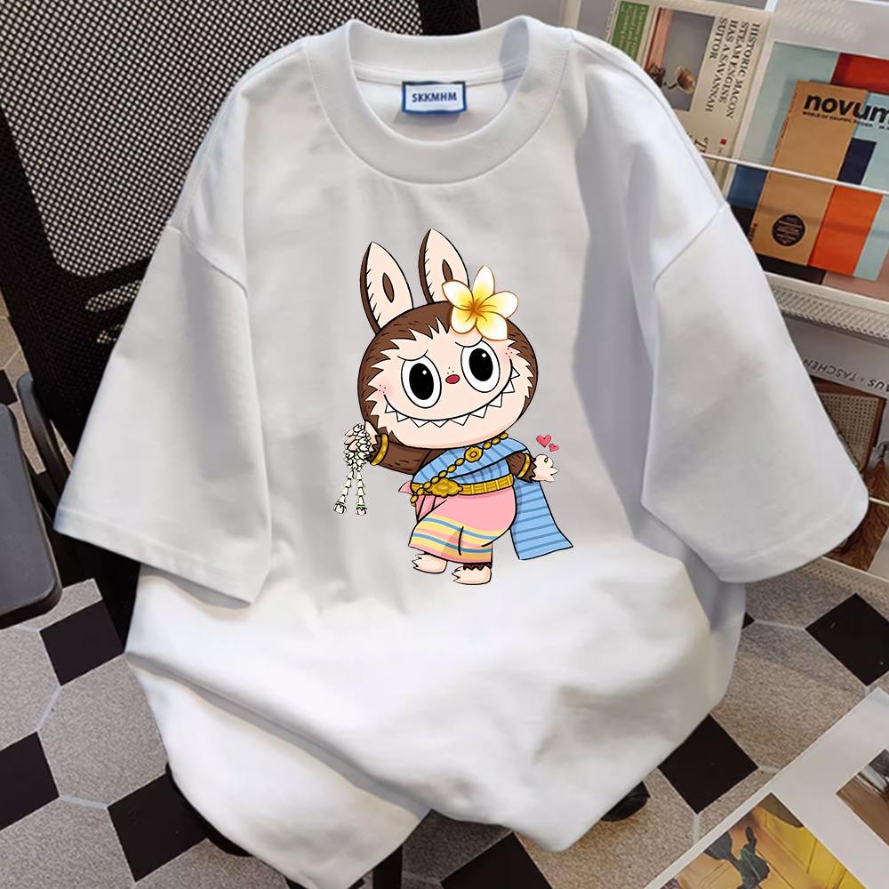 2025 new fashion labubu t-shirt cute and sweet cartoon print summer loose casual street wear unisex