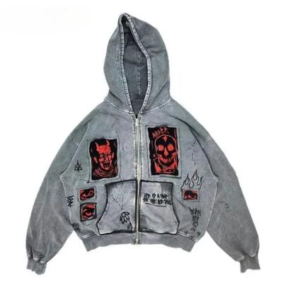 Amerikanischer Aufdruck Imitation Waschung Imitation Denim Reißverschluss Kapuzenpullover Sweatshirt Jacke Strickjacke Gleicher Stil Locker Große Größe