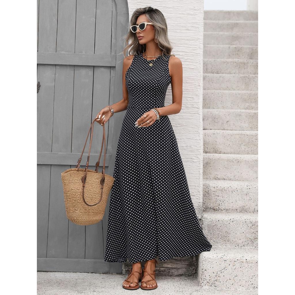 New European American French Vintage Polka Dot Sleeveless Backless Waist Cinched Vacation Dress