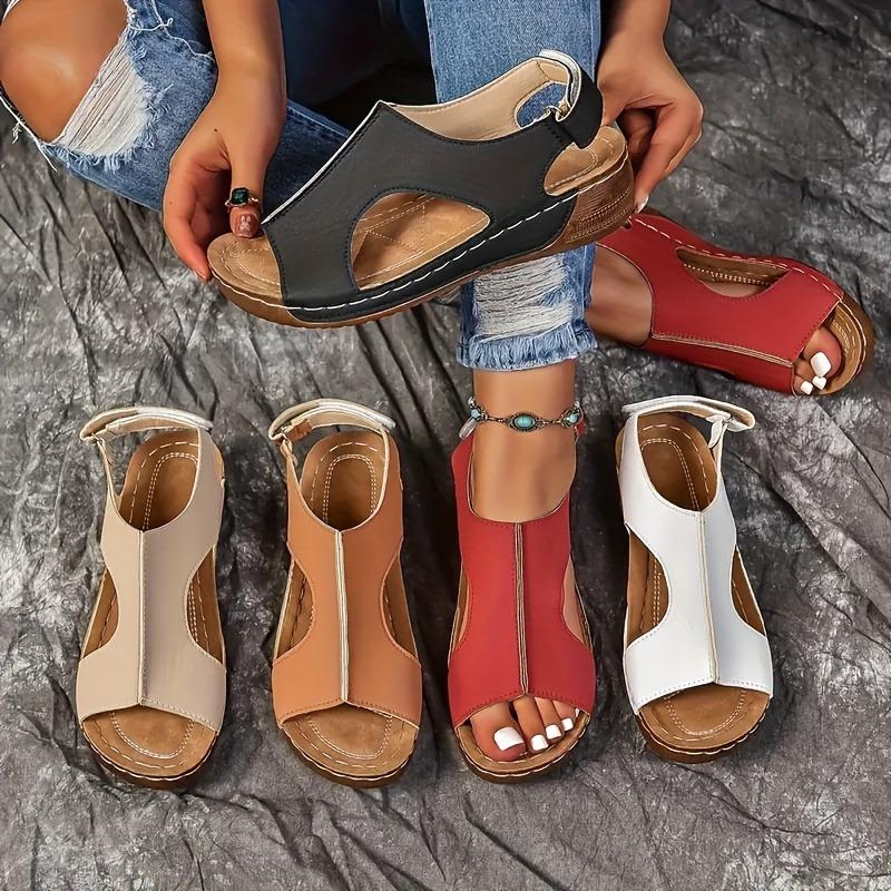 Mid Heel Strappy Back Sandals - Soft PU Sole, Comfortable Open Toe, Ankle Buckle, Side Cut Out, Solid Color Pull-On Shoes for Women