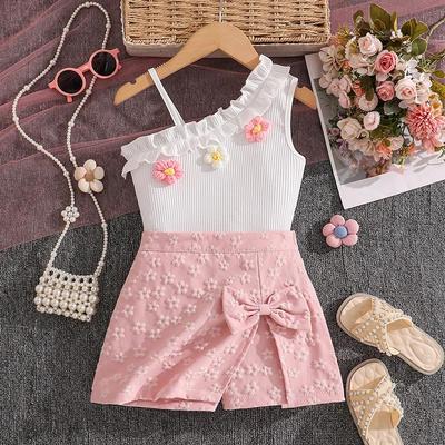 2026 Spring/Summer Girls' Asymmetrical Shoulder Camisole and Sweet Jacquard Bow Skort Set