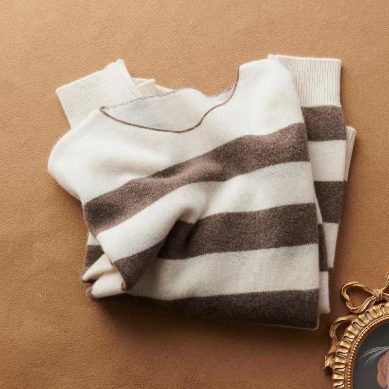 Women's Korean Style Striped Cashmere Round Neck Sweater – Soft, Comfortable, and Loose Fit