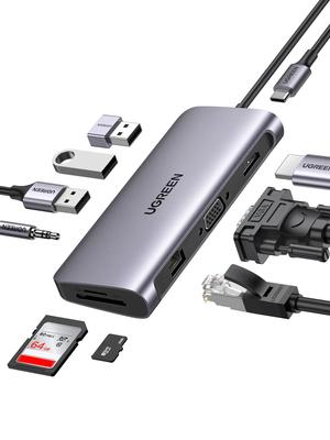 Hub USB C UGREEN con HDMI 4K VGA Alimentación 100W Gigabit 1Gbps 3 USB Lector de Tarjetas Estación de Acoplamiento para MacBook iPad y Más Hub, 10 en 1 Tipo-C, y