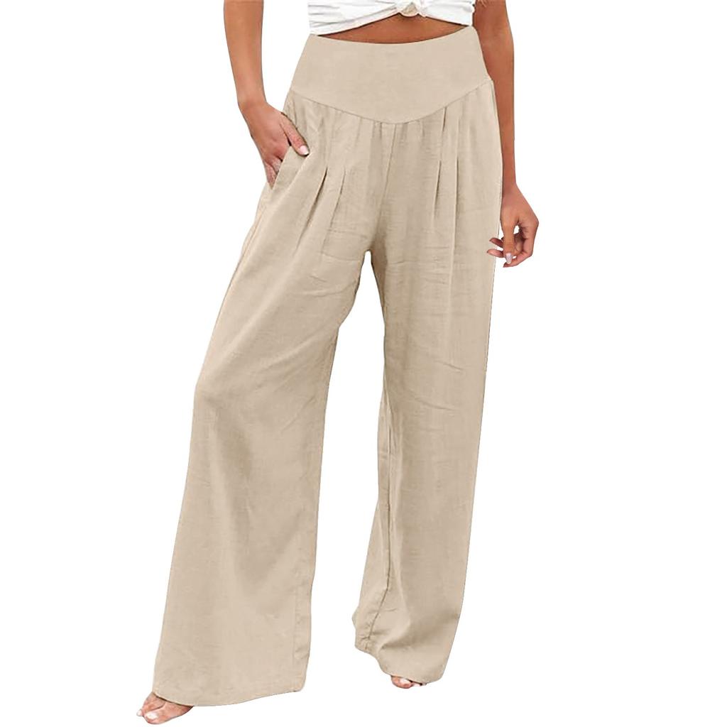 Summer Cotton Linen Wide Leg Pants Women Loose Palazzo Pant Pocket Elastic Waist Casual Pants