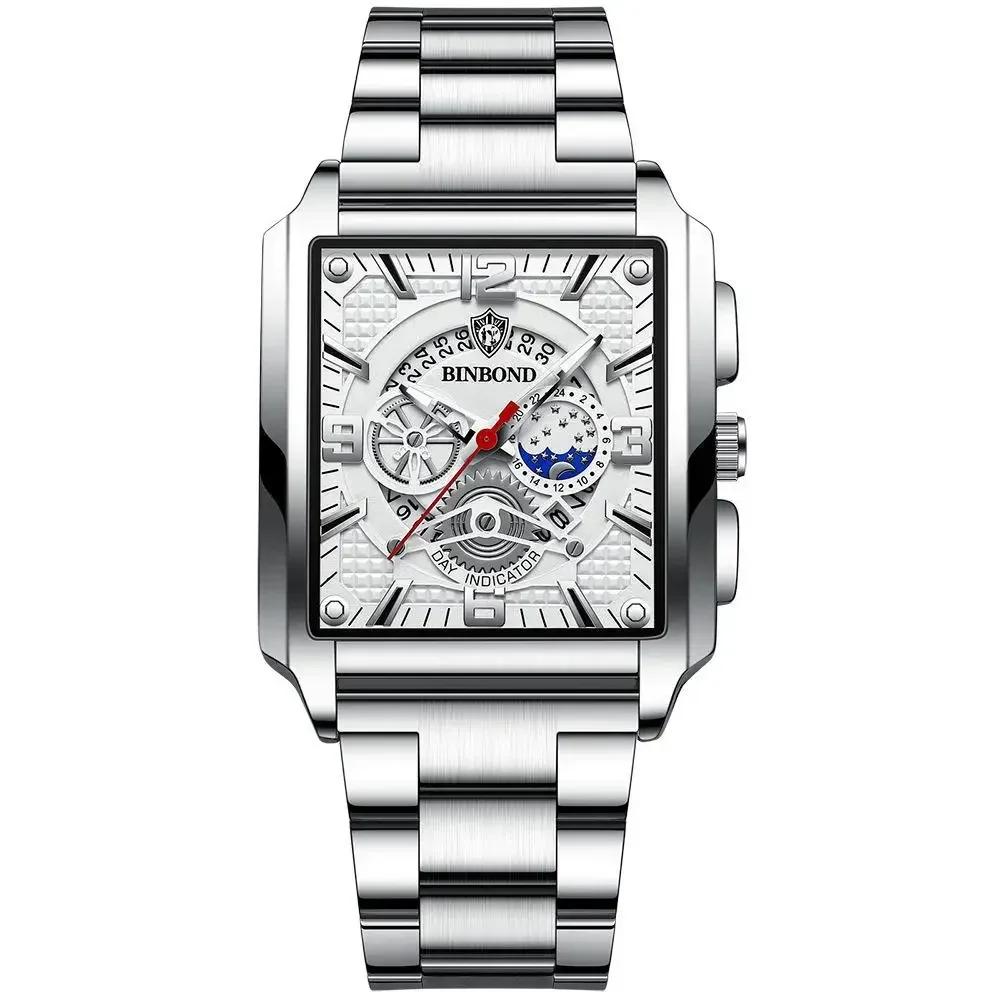 BINBOND Classic Men Watches Square Type Watch for Man Quartz Movement Stainless Steel Waterproof Luminous Date Trend Watch