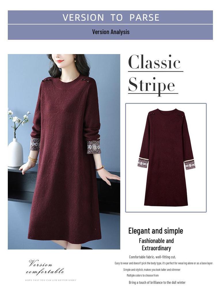 2025 Elegant Plus Size Woolen Knit Dress: Winter Slimming Long Skirt