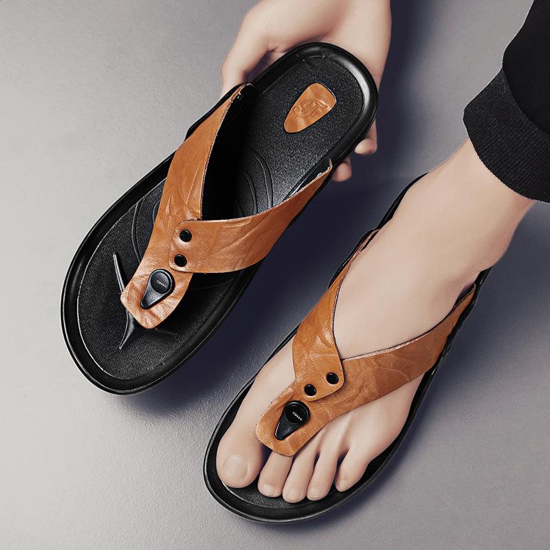 

Leather cowhide flip-flops men s outdoor beach casual toe sandals men s outer slippers 44 коричневый