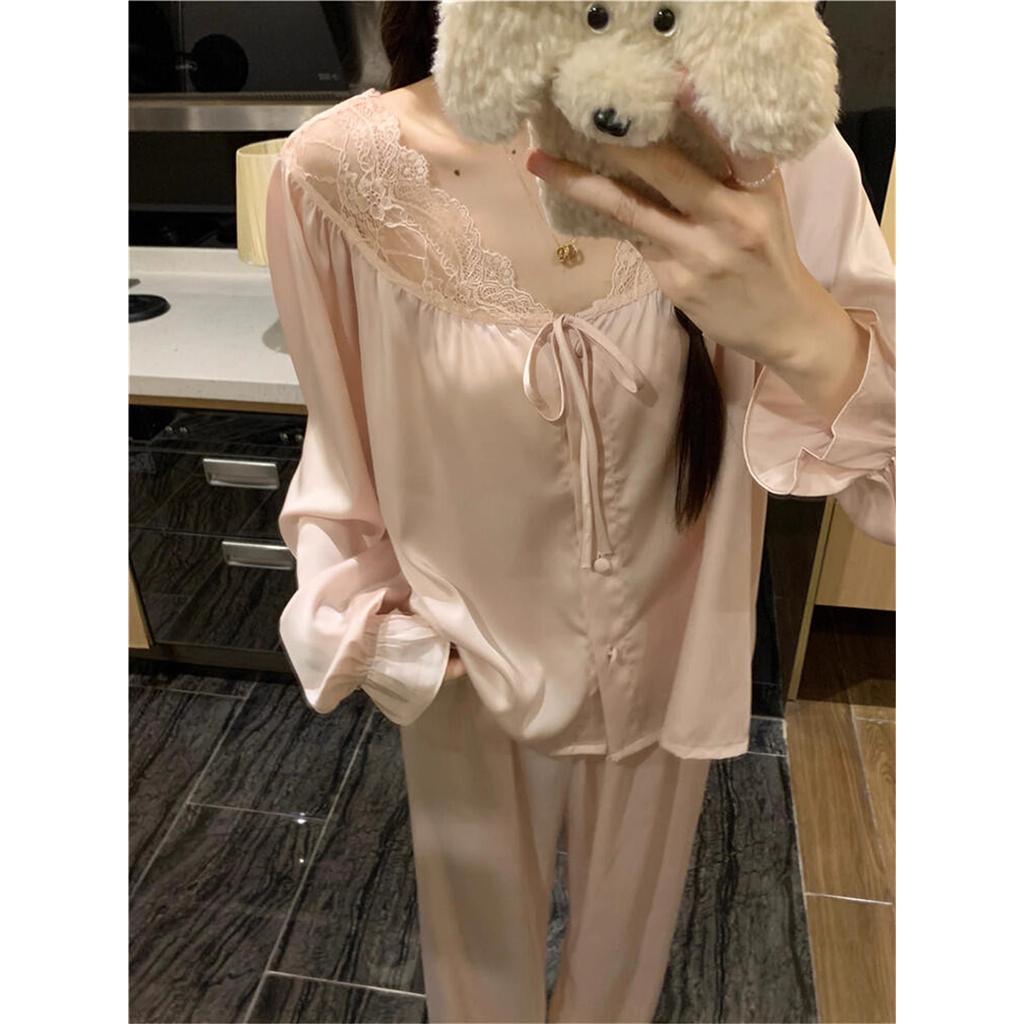 1011 French Simple Solid Color Pajamas Spring and Autumn Women's Pure Desire Lace Long Sleeves Trousers Loungewear Suit Outer Wear