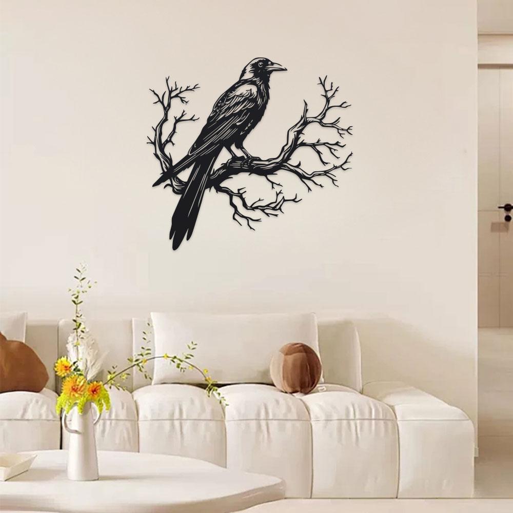 1pc Metal Piece Raven on Tree Branch Metal Wall Art, Black Silhouette Bird Decor, Durable Iron Wall Decoration