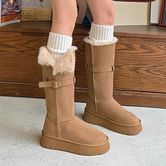 Women's fur integrated thick bottom heightening winter lightweight padded warm snow boots non-slip wear casual sports long cotton boots