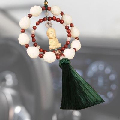 Wood Buddha Car Hanging Pendant with Tassel Feng Shui Ornament for Rearview Mirror Decor 21.6inch