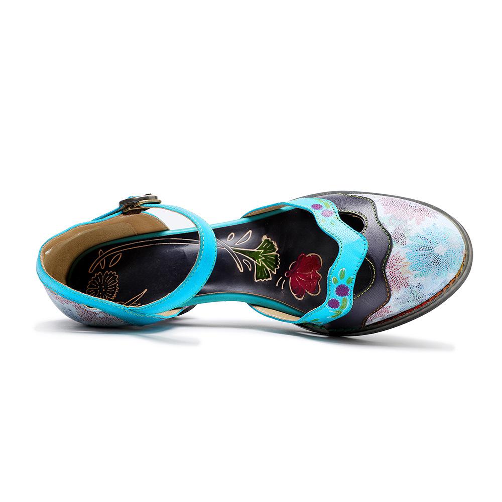 Dámské boty na středním podpatku pravá kůže ručně malované retro kontrastní kulatá špička pohodlné sandály