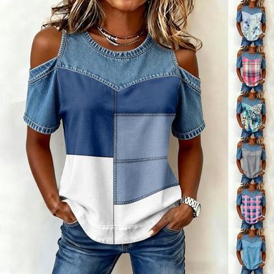 Women's Casual Patchwork Fashion Print Off-Shoulder Top