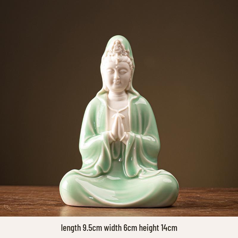 Ceramic Seated Guanyin On Lotus with Light Ring and Anjali Mudra for Home Decor