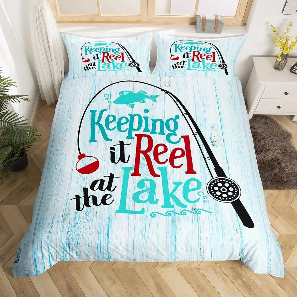Fishing Hunting Duvet Cover Set Queen Lake House Comforter Cover Fishing Pole Paddle Bedding Set For Boys Girls Farmhouse Decor