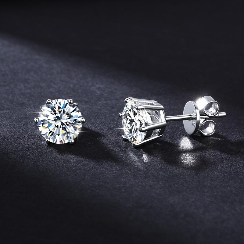 Classic Six-Prong Moissanite Stud Earrings in 925 Sterling Silver for Men and Women - High-End European and American Style