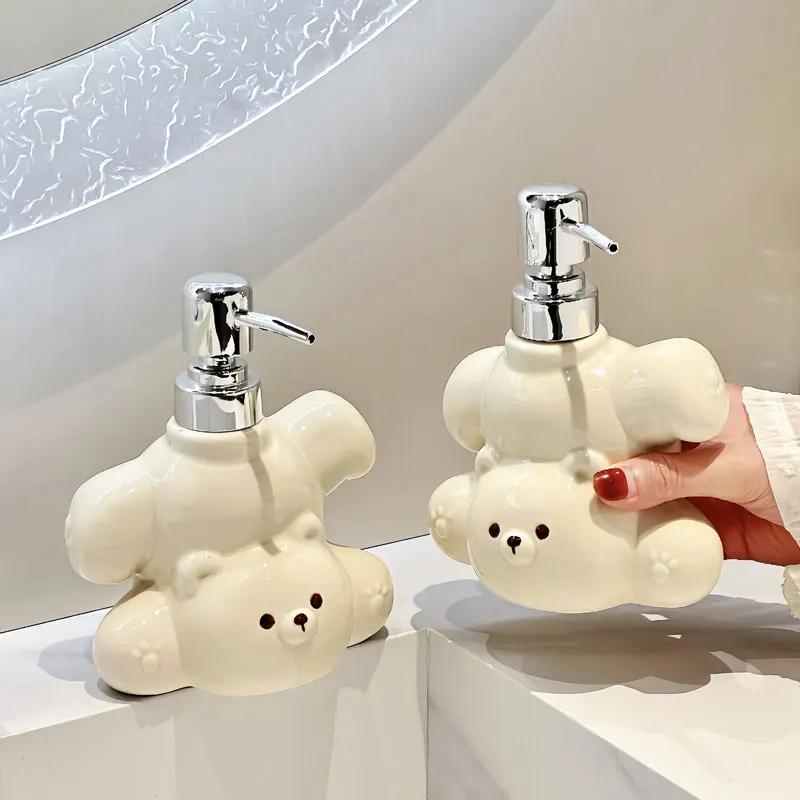 400ml Soap Dispenser Cute Little White Bear Ceramic Lotion Hand Wash Bottle Toilet Shampoo Dispensing Press Bottle Dispenser