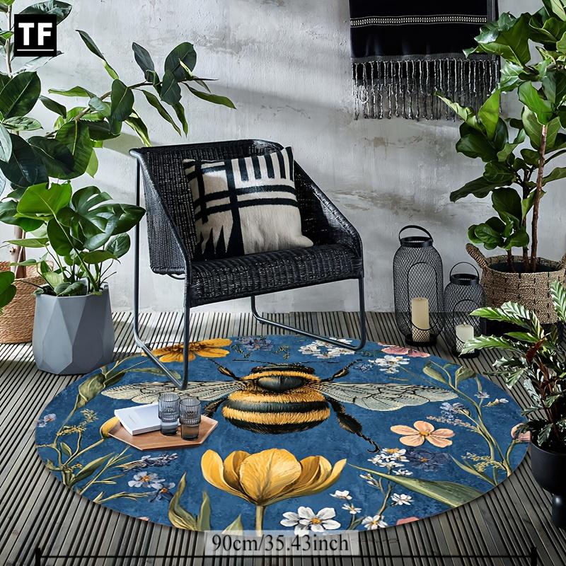 Crystal Velvet Carpet[1pc Bee&Flower Rug] Spring In The Air 1pc Crystal Velvet Round Carpet/Rug/Mat with Bee&Flower Pattern,
