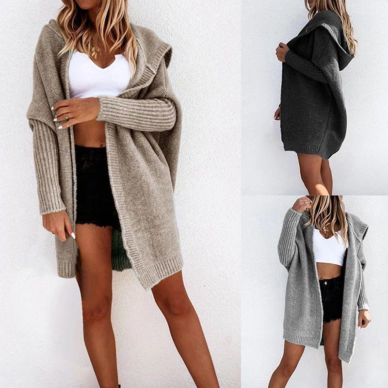 2026 Women's Casual Solid Color Loose Knit Hoodie Mid-Length Sweater Coat for Autumn and Winter