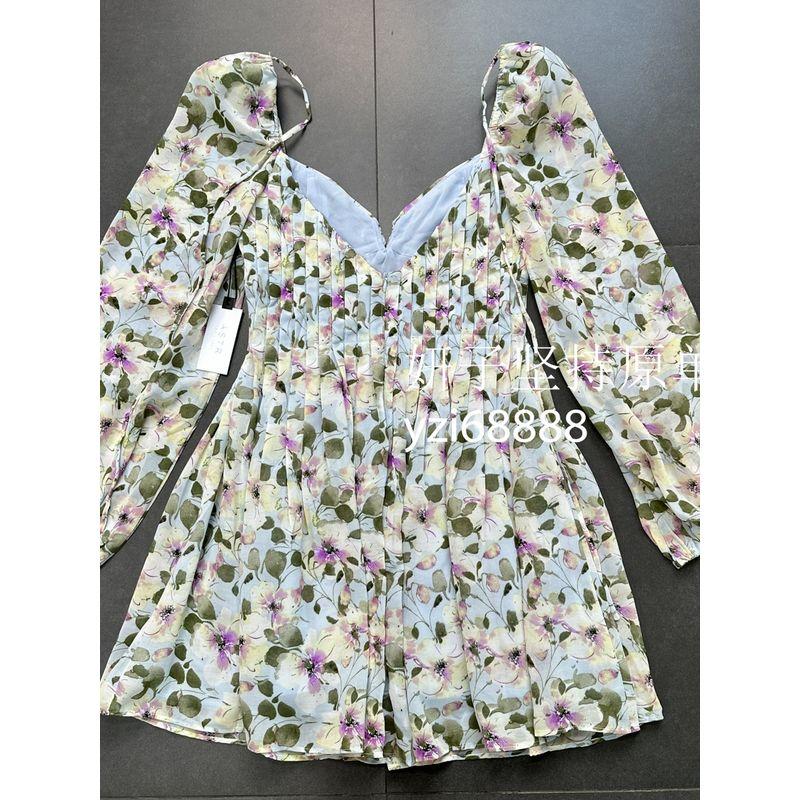 Export USA AST * Sexy Open Back Square-Cut Collar Waist Width Ruched Long Sleeves Printed Waist-Controlled Elegant Chiffon Dress Women