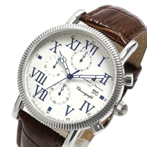 Salvatore Marra Men's Chronograph Watch with Leather Strap, Water Resistant to 5 ATM, White and Dark Brown, SM19109-SSWHDBR2