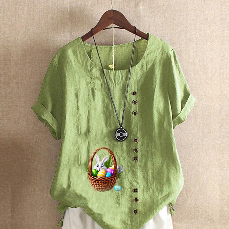 Women's Fashion Round Neck Short Sleeve T-shirt Casual Cotton Linen Graphic Shirt Leisure Loose Rabbit Prined Summer Blouse Tops