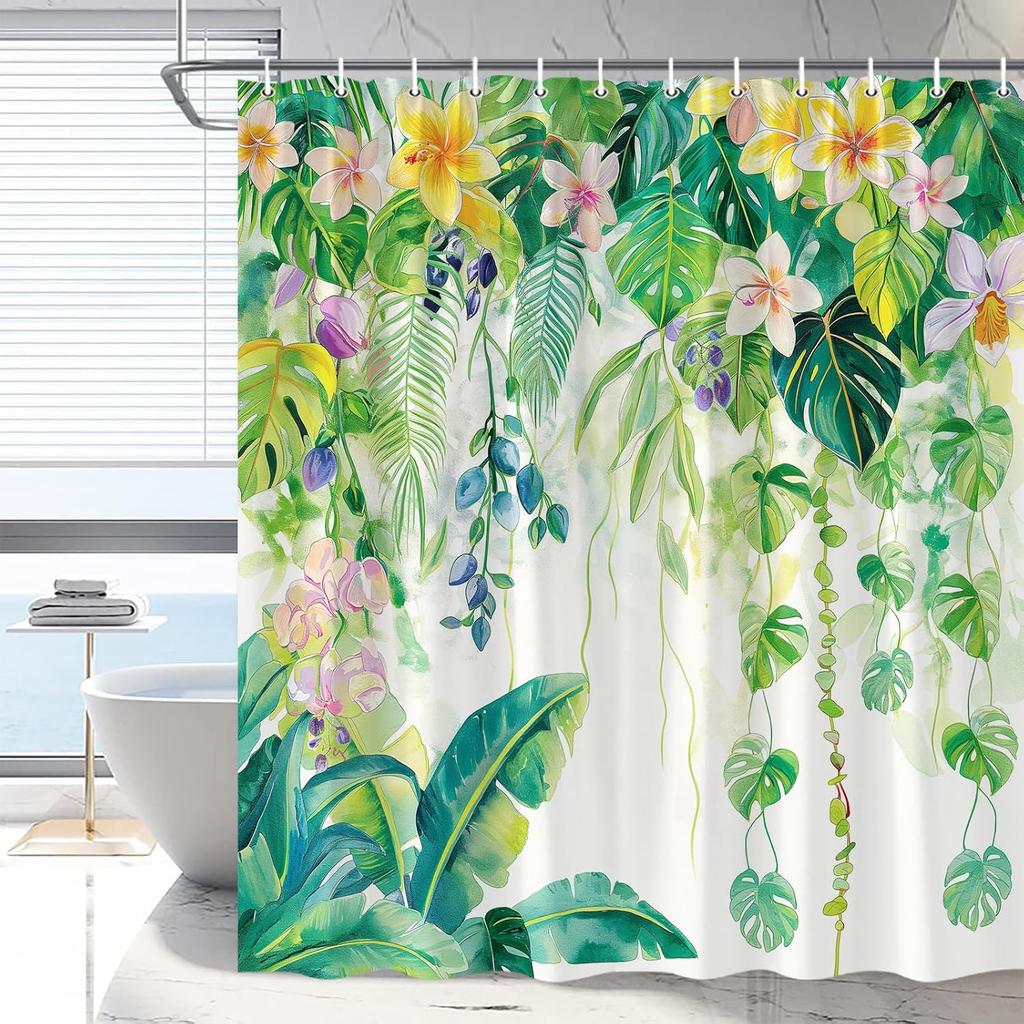 Green Leaf Shower Curtain Vines Flowers Tropical Rainforest Plants Watercolor Illustration Plantain Leaves Palm Leaves Bathroom