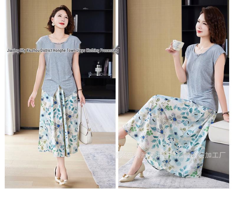 Mom's 2026 New Summer Chiffon Two-Piece Set: Short-Sleeve Top & Blouse for Middle-Aged and Elderly Women