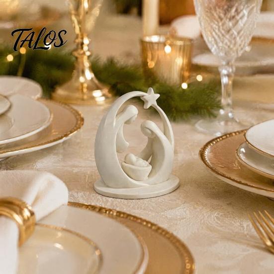 Small Desktop Art 3D Printed Holy Family Ornament, Abstract Crescent Sculpture with Statue Star, Religious Decoration for Christmas Fireplace
