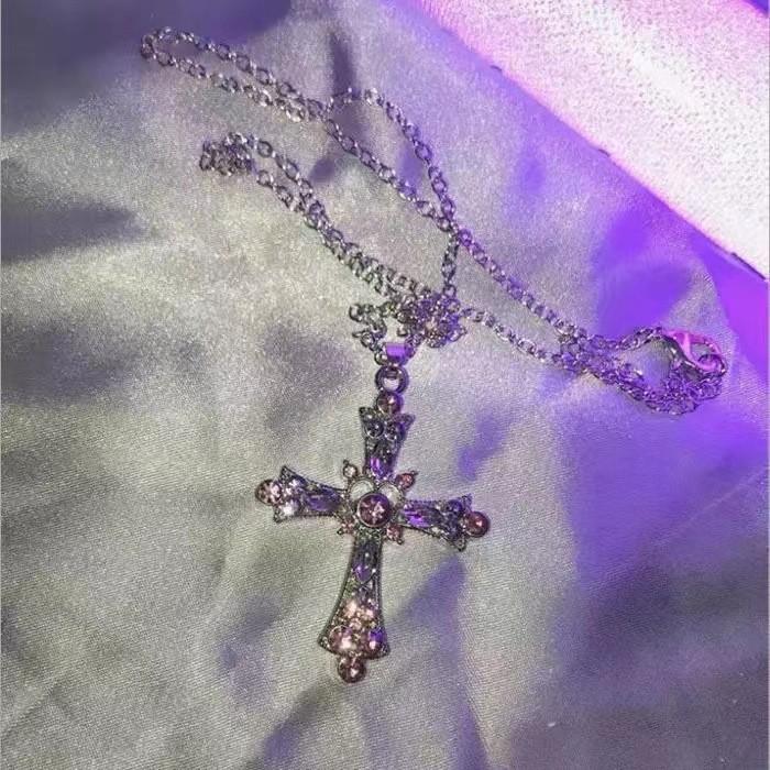 Cross Rhinestone Pendant Necklace Trendy Alloy Jewelry Women Decoration Gift