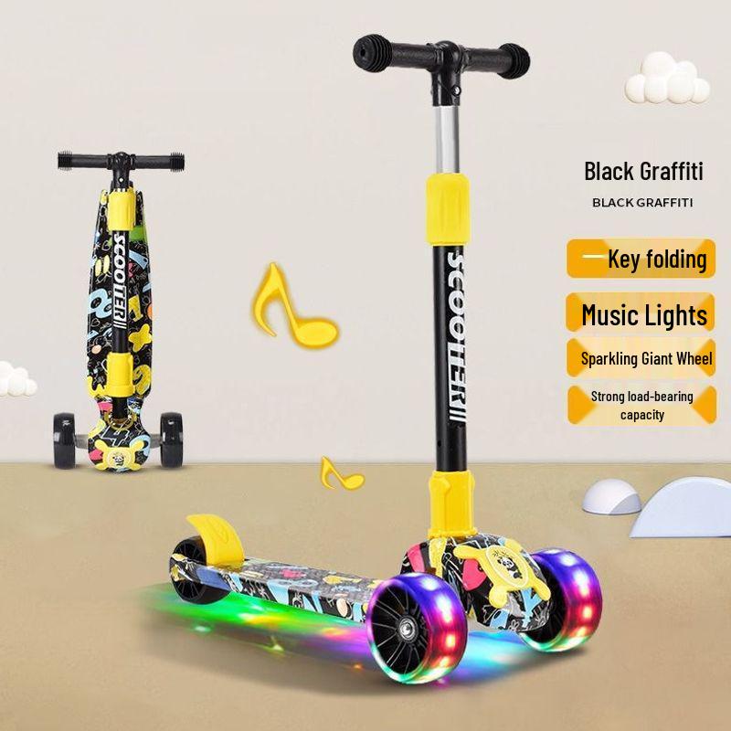 Colorful Folding Scooter with Flashing Music for 2-8 Year Olds - Durable Three-Wheeled Ride-On with Drop-Resistant Handlebar