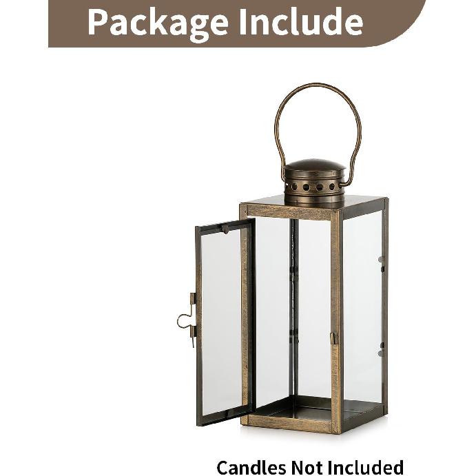 NUPTIO Vintage Lanterns Decorative Indoor: 9.5 inches Tall Hanging Farmhouse Metal Lantern Decor with Glass - Gold Distressed Candle Holder for