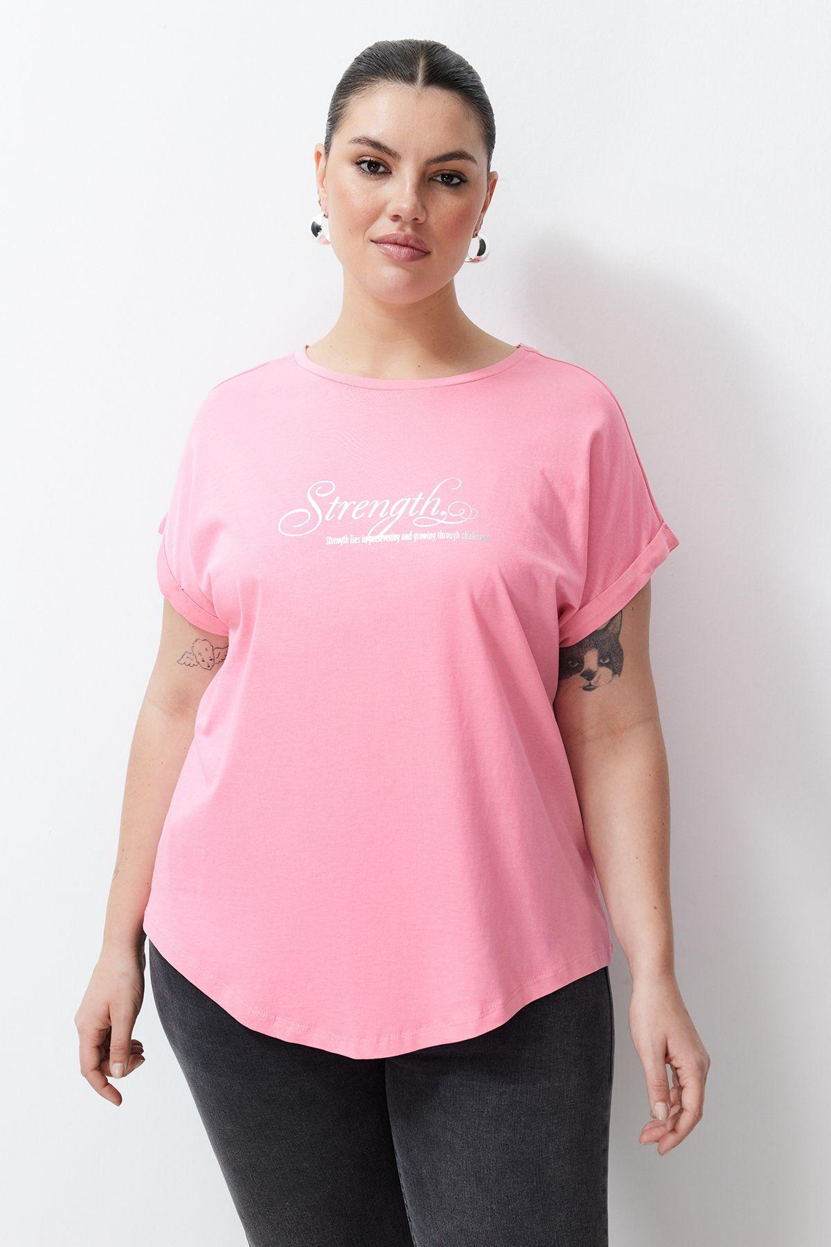 

Women s Style Plus Size Pink Printed Oval Cut Boyfrind Knitted T-shirt XL