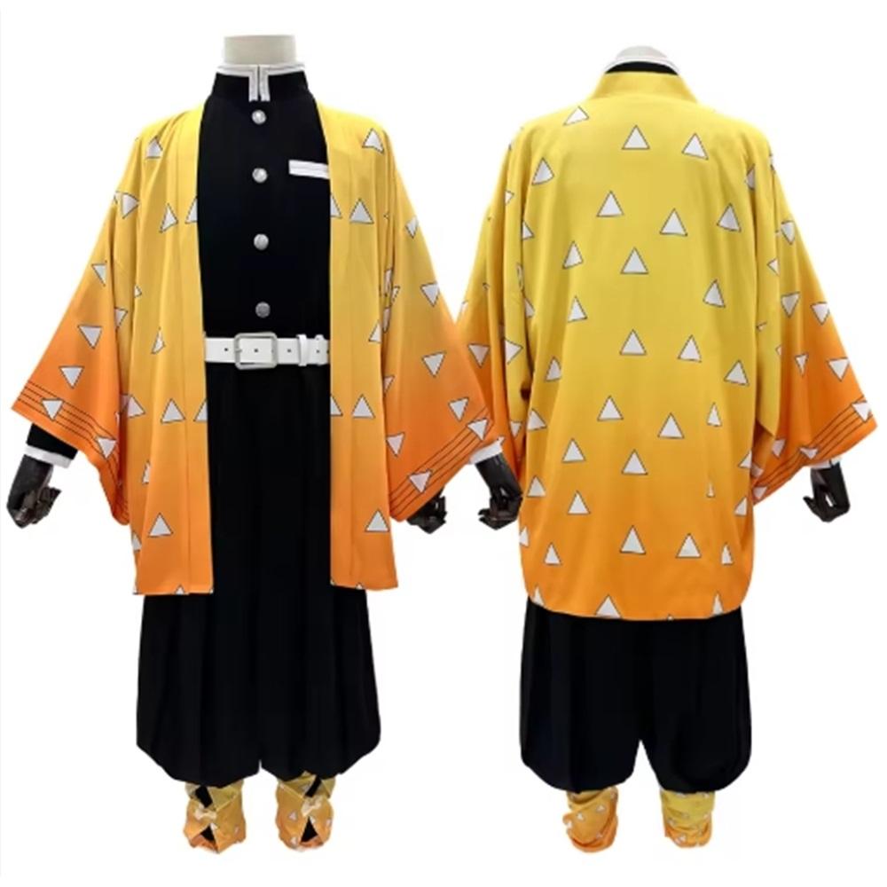 Agatsuma Zenitsu Cosplay Costume Wig Haori Embroidery Top Elastic Pants Belt Rose Net Cos Halloween Christmas Gift