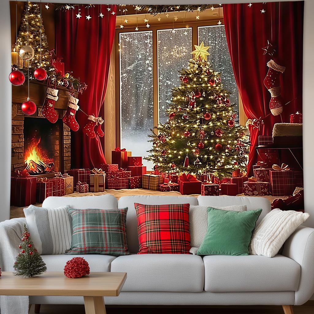 Christmas Tapestry Fairy Lights Christmas Tree Snowy Window Scene Red Curtains Christmas Event Backdrop Background Cloth